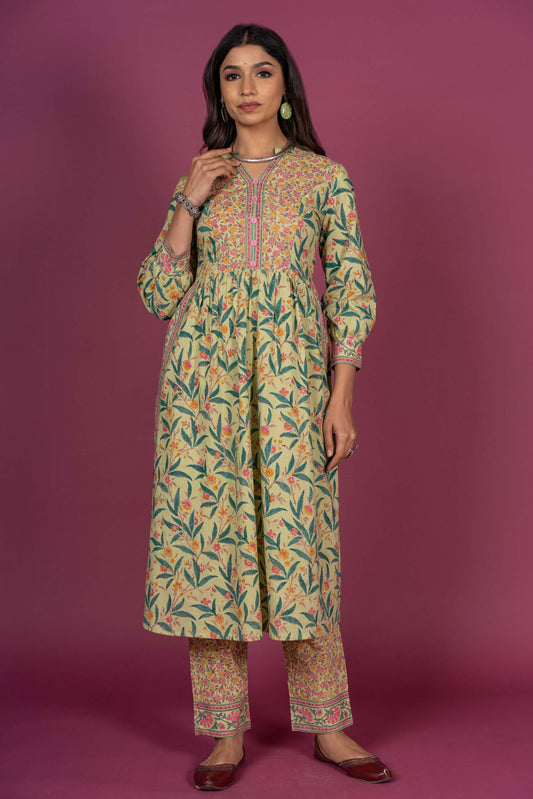 Summer Green Block Printed Kurta Set -KS396