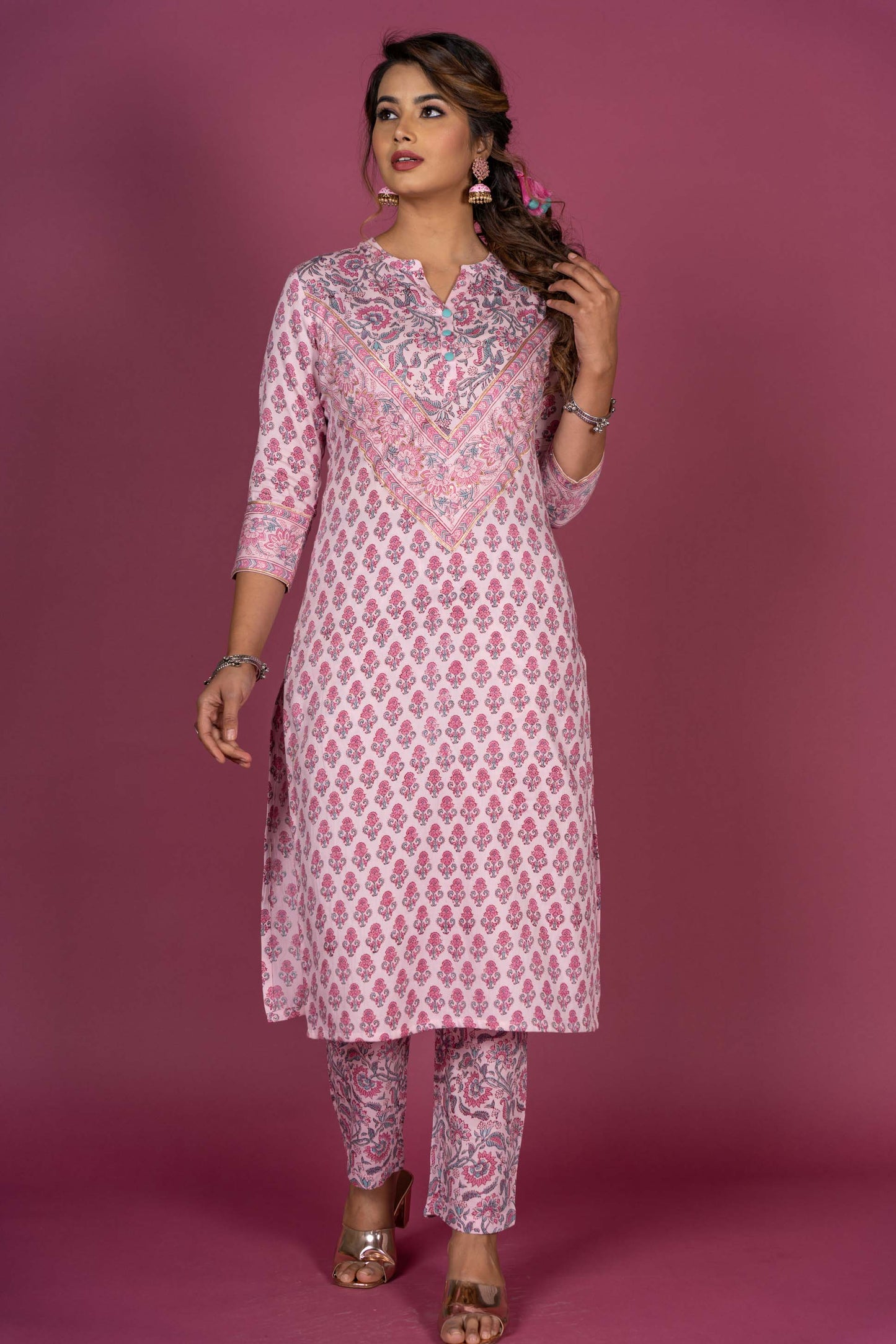 Begonia Pink Block Printed Kurta  Set-KS431