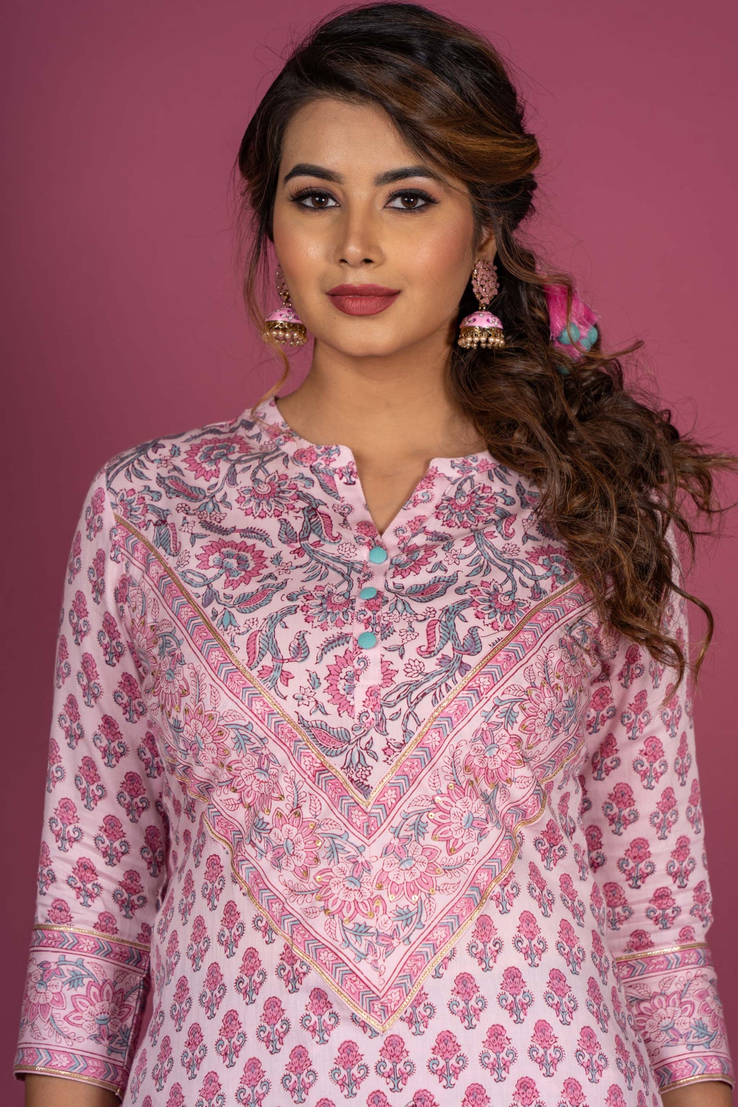 Begonia Pink Block Printed Kurta Dupatta Set-KS378