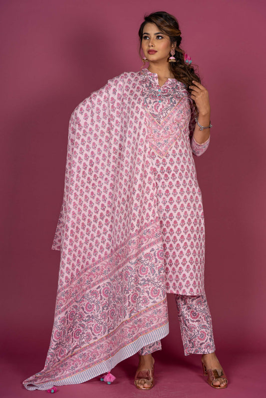 Begonia Pink Block Printed Kurta Dupatta Set-KS378