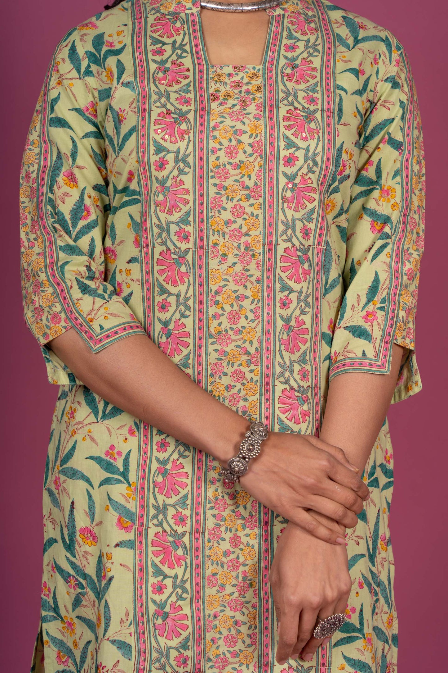 Ash Green Block Printed Kurta -KS408