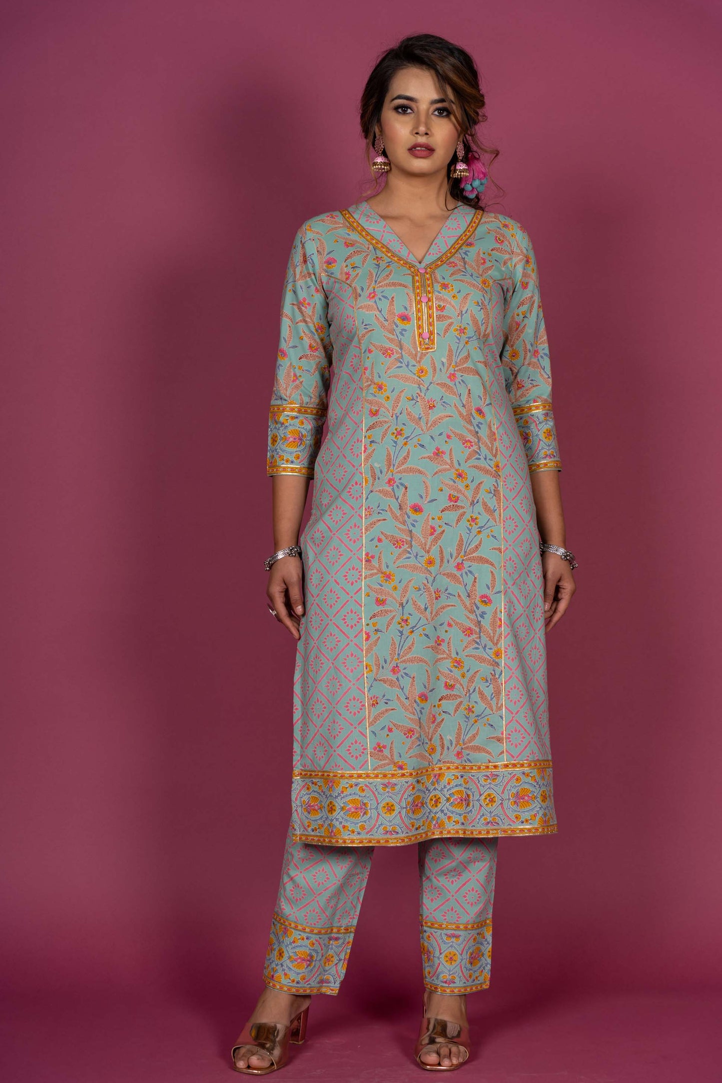 Bud Green Block Printed Kurta Set -KS398