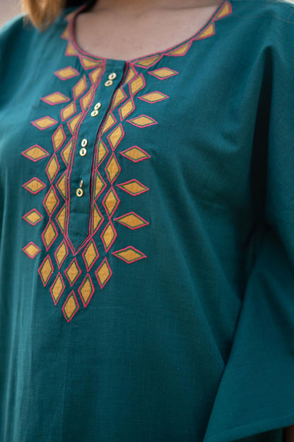 TEAL APPLIQUE WORK KAFTAN-NVK442