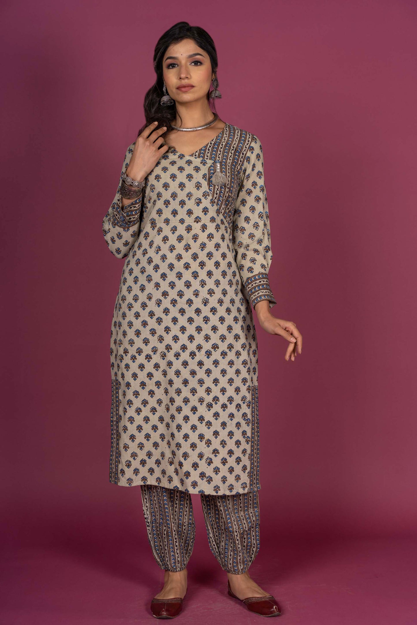 Seed Pearl Ajrakh Block Printed Kurta Set-KS366