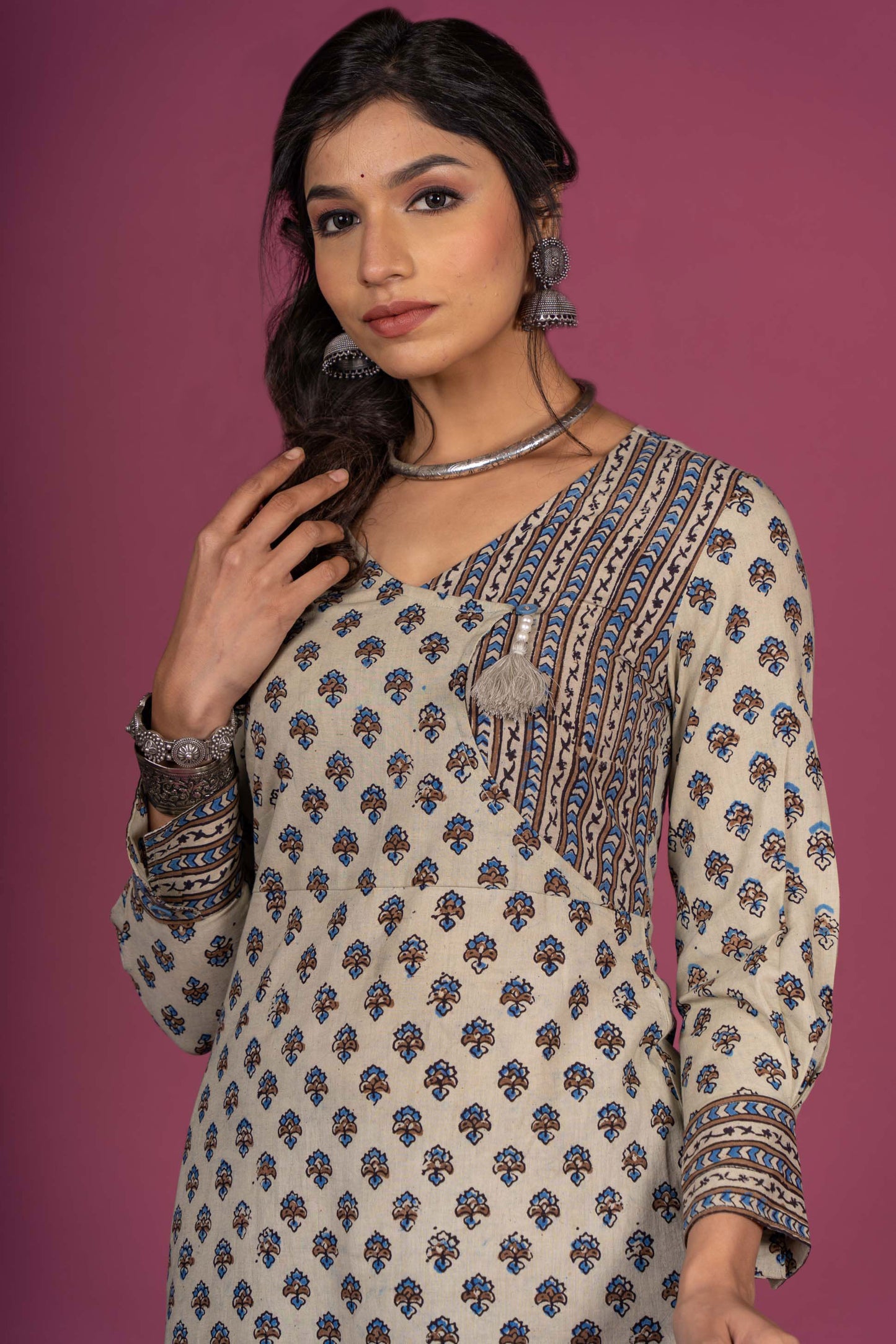 Seed Pearl Ajrakh Block Printed Kurta Set-KS366