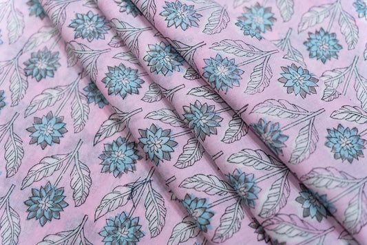 BABY PINK BLUE BLOCK PRINTED COTTON FABRIC-HF5056