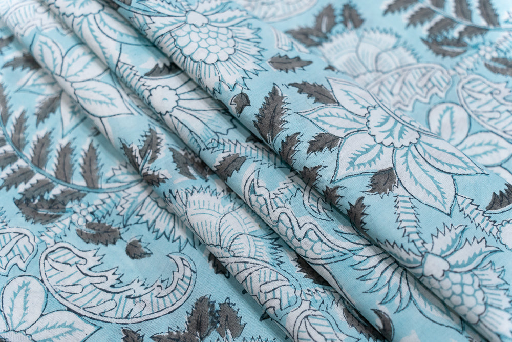 SKY BLUE FLORAL BLOCK PRINTED COTTON FABRIC-HF5059