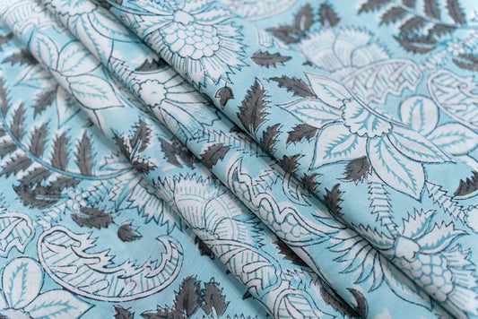 SKY BLUE FLORAL BLOCK PRINTED COTTON FABRIC-HF5059