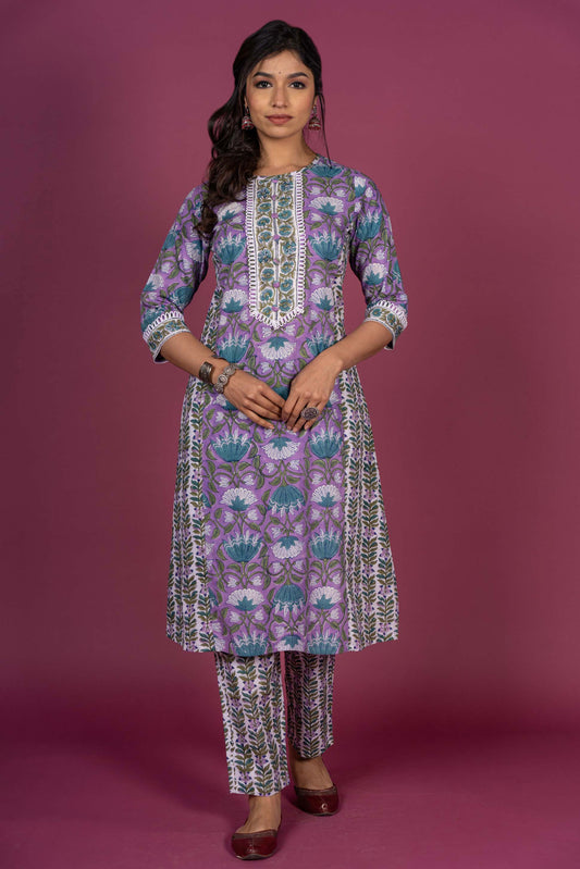 Violet Floral Block Printed Kurta Set-KS312