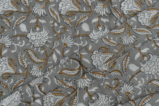 SILVER GREY HAND BLOCK PRINTED COTTON FABRIC-HF5435