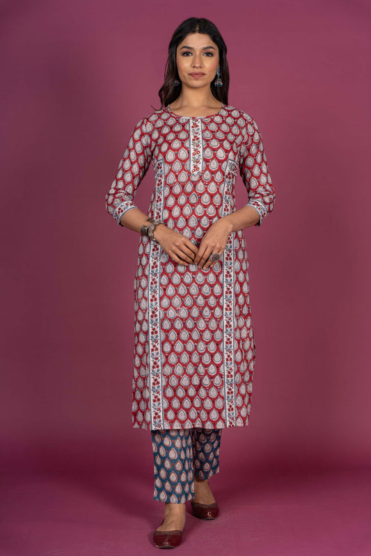 Cranberry Red Block Printed Kurta Set-KS302