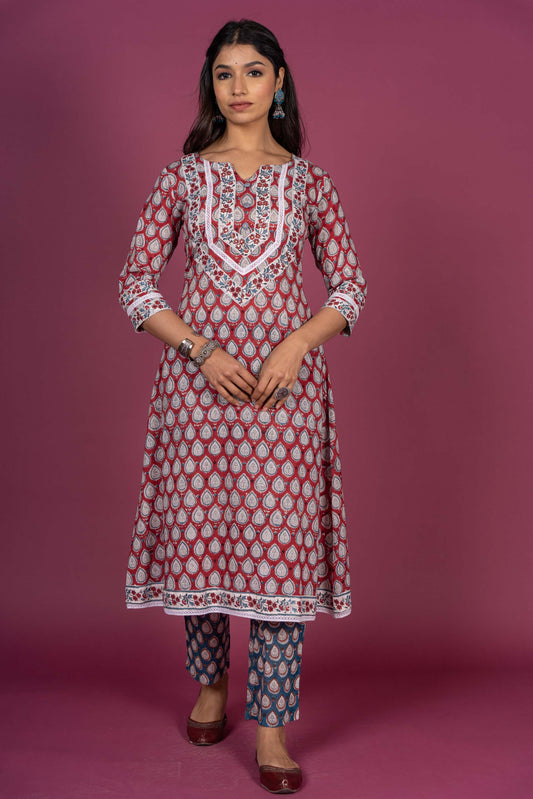 Cherry Red Block Printed Kurta Set-KS311