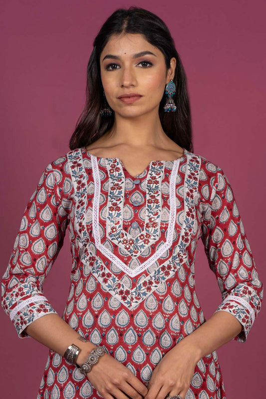 Cherry Red Block Printed Kurta -KS327