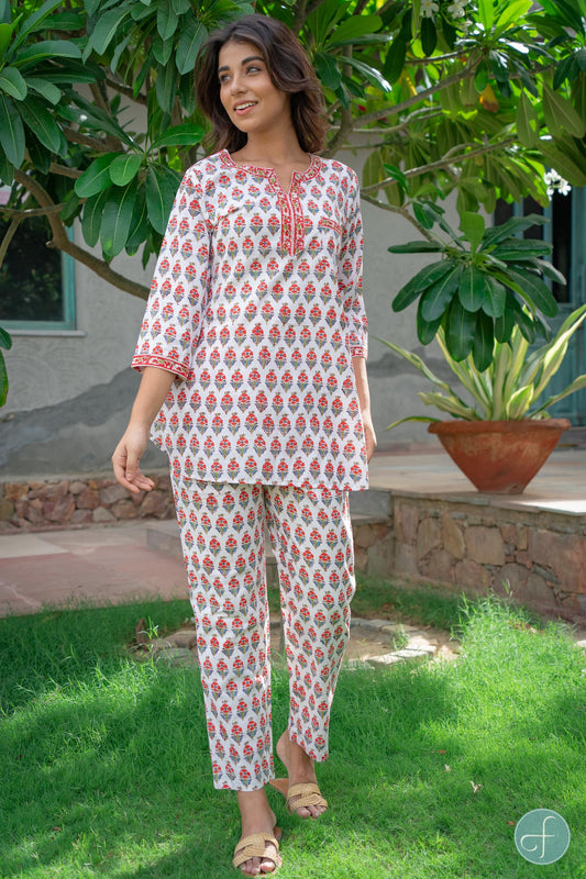 WHITE RED FLORAL BLOCK PRINTED NIGHT SUIT-NS106