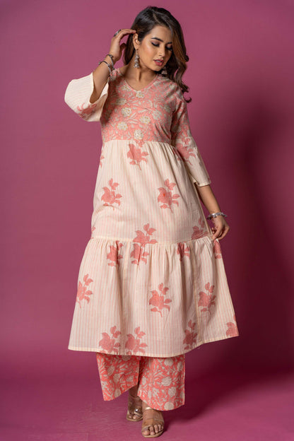 Butter Pink Block Printed Kurta Set-KS335