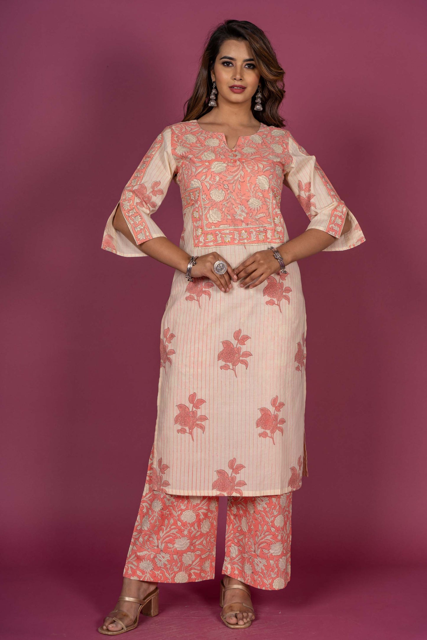 Summer Cream Block Printed Kurta Set-KS345