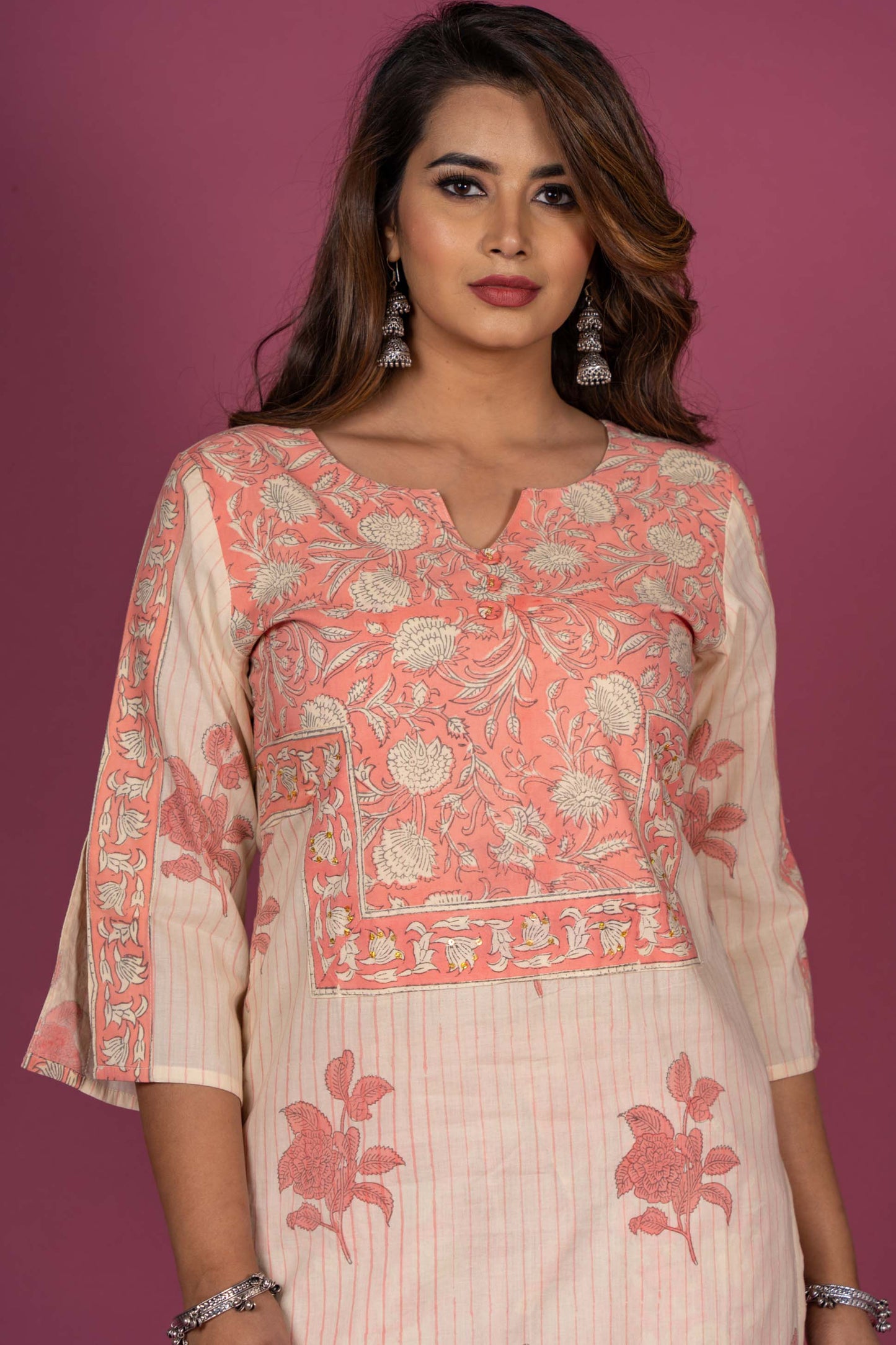 Summer Cream Block Printed Kurta Set-KS345