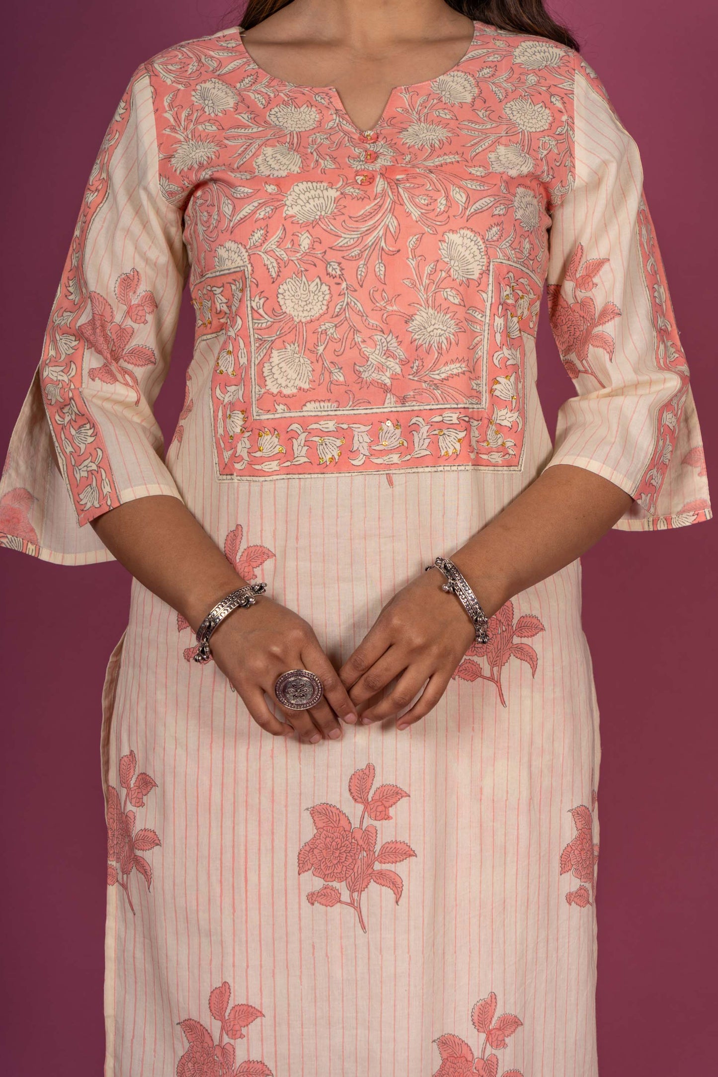 Summer Cream Block Printed Kurta Set-KS345