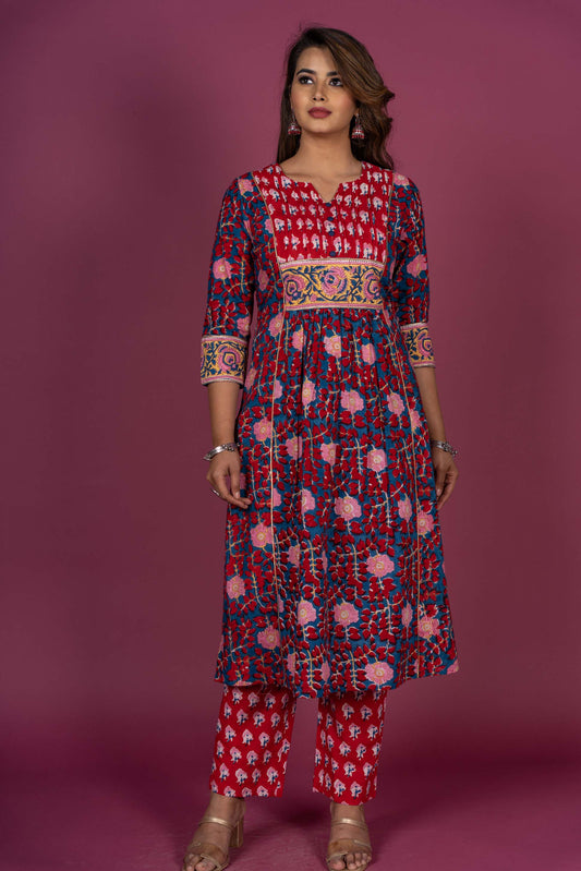 Poppy Red Block Printed Kurta Set-KS306