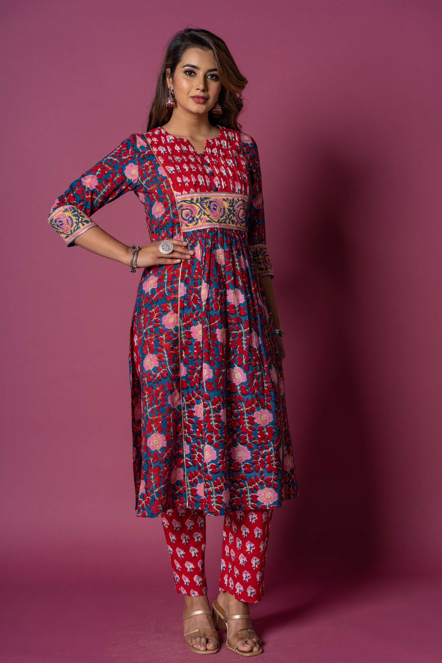 Poppy Red Block Printed Kurta-KS331