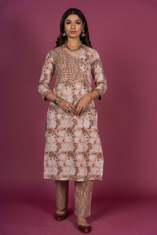 Peach Floral Block Printed Kurta Set-KS338