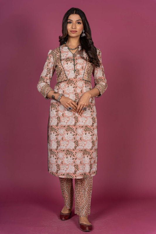 Bellini Peach Block Printed Kurta Set-KS348