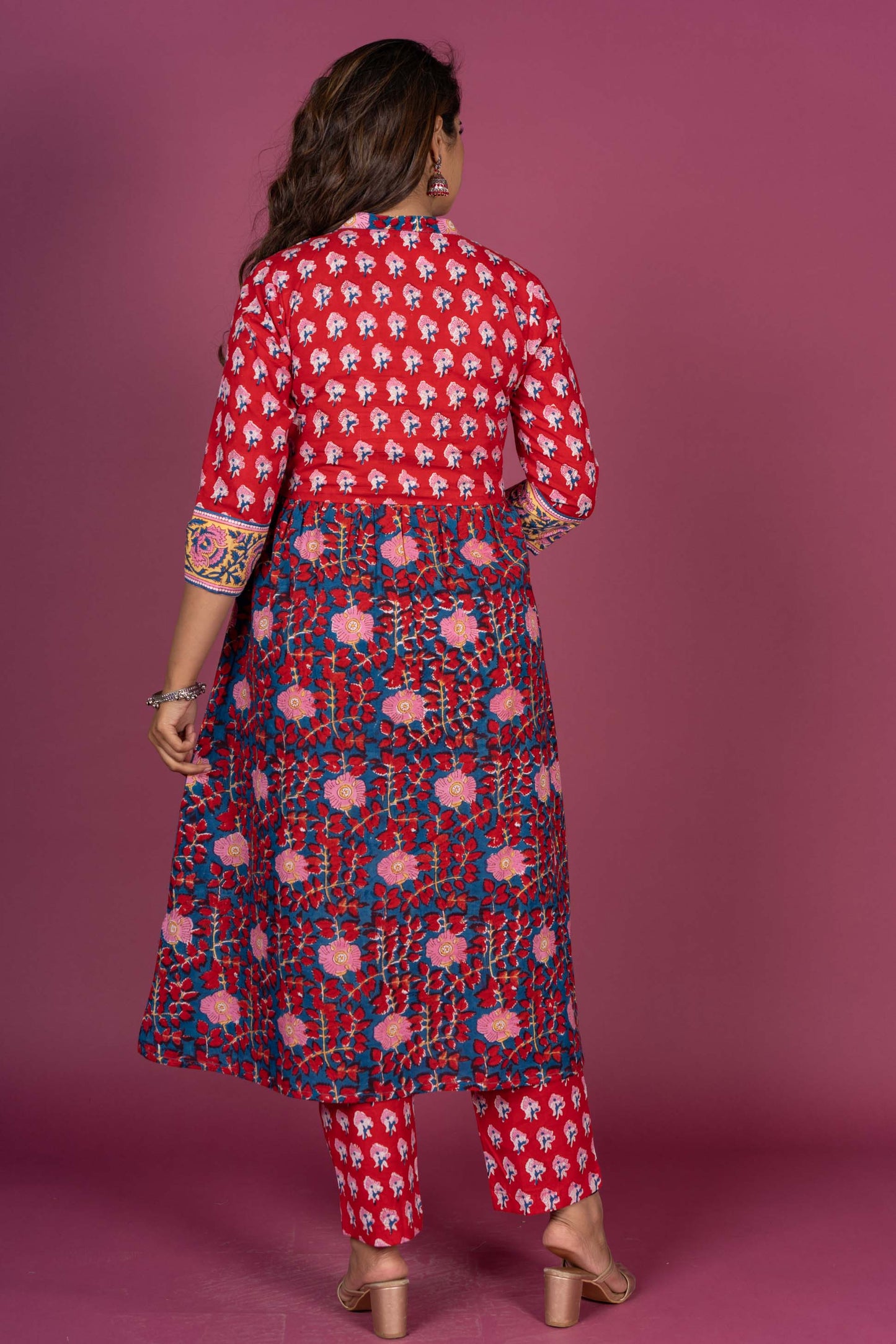 Red Floral Block Printed Kurta Set-KS309