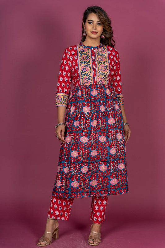 Red Floral Block Printed Kurta Set-KS309