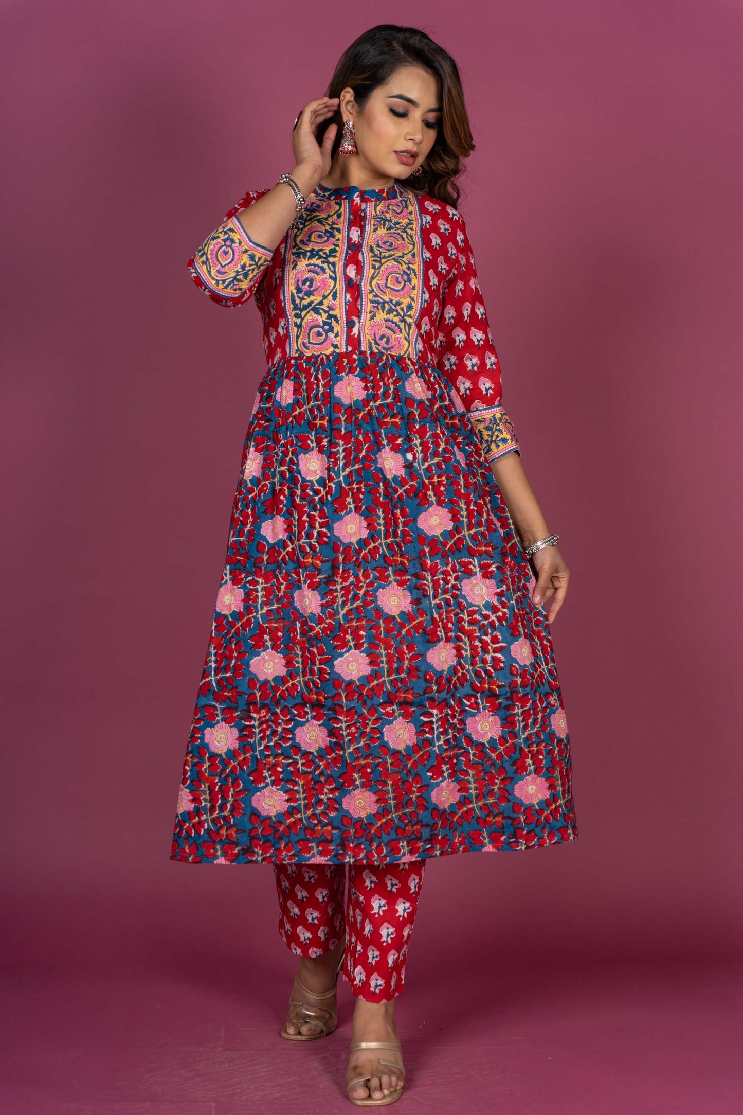 Red Floral Block Printed Kurta Set-KS309