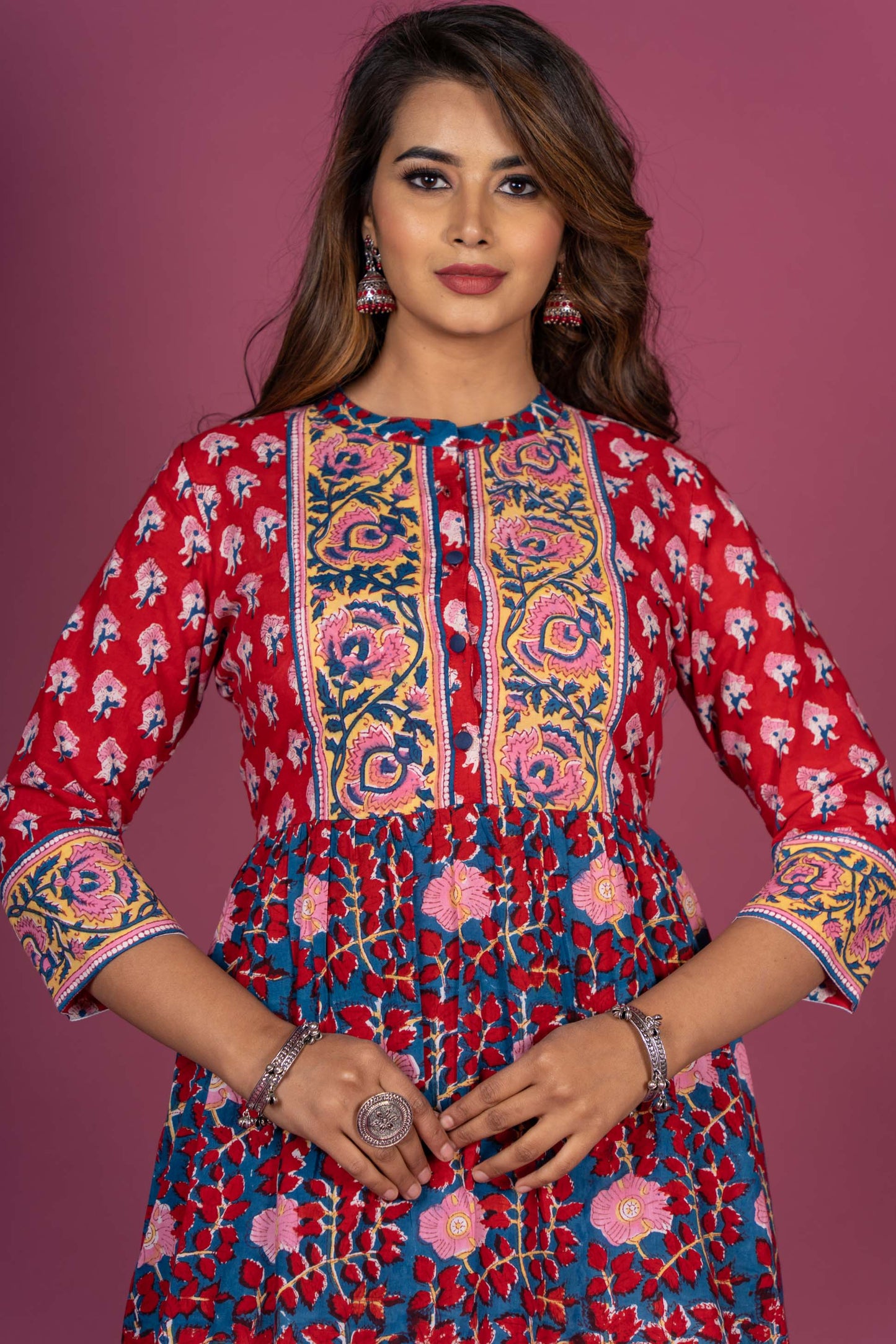 Red Floral Block Printed Kurta Set-KS309