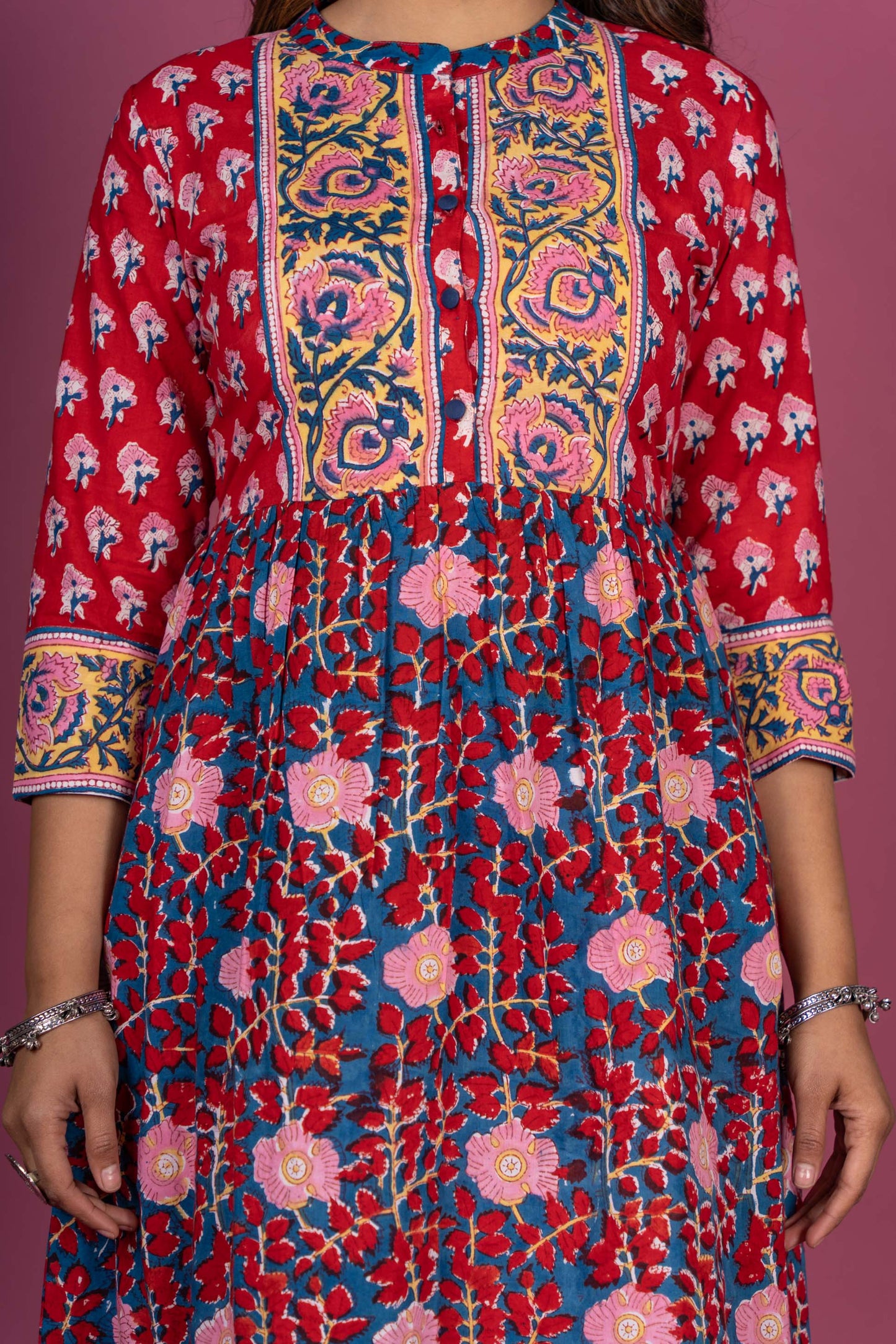 Red Floral Block Printed Kurta Set-KS309