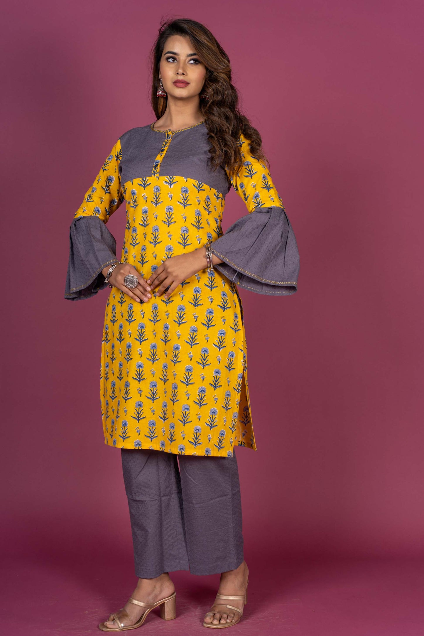 Vibrant Yellow Block Printed Kurta -KS385