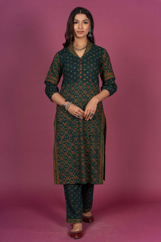 Elm Green Ajrakh Block Printed Kurta Set-KS304