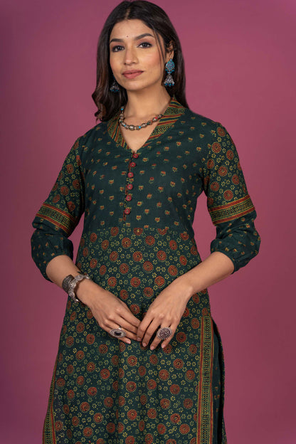 Elm Green Ajrakh Block Printed Kurta Set-KS304
