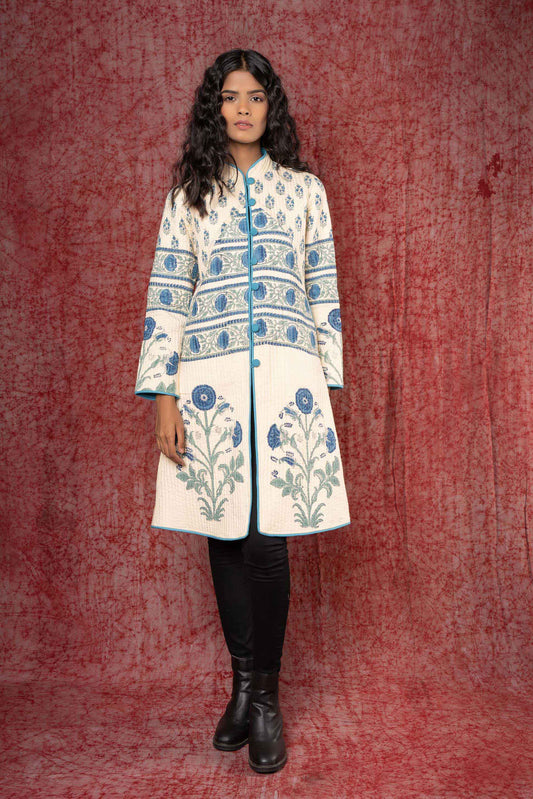 Blue Block Printed Reversible Quilted Coat-NVQJ436