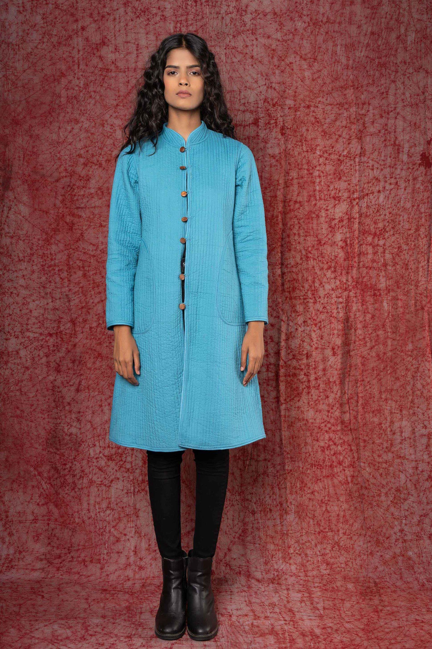 Blue Block Printed Reversible Quilted Coat-NVQJ436