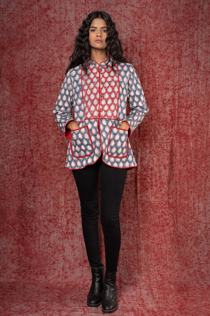 Blue Red Patch Block Printed Quilted Jacket- NVQJ361 SALE