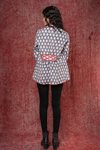 Blue Red Patch Block Printed Quilted Jacket- NVQJ361 SALE