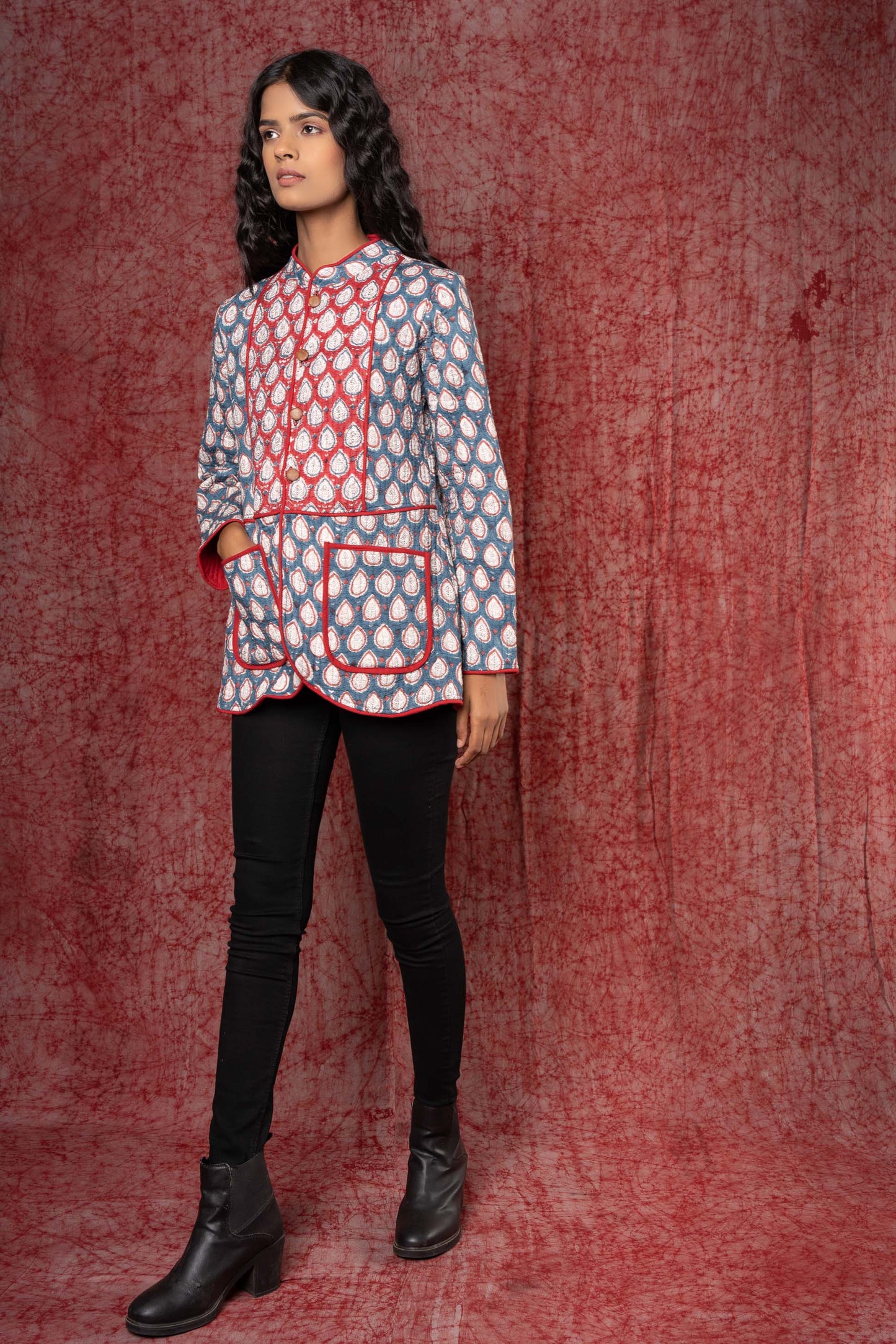 Blue Red Patch Block Printed Quilted Jacket- NVQJ361