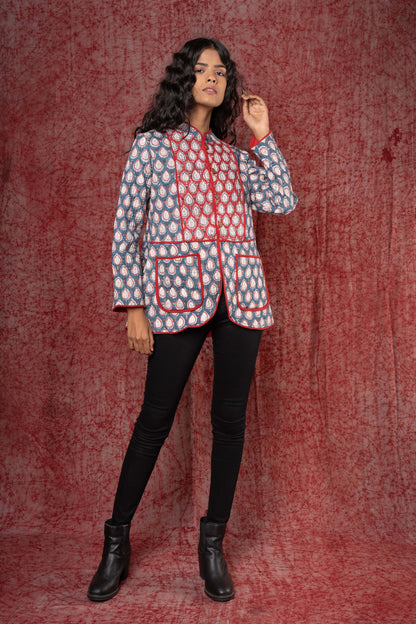 Blue Red Patch Block Printed Quilted Jacket- NVQJ361 SALE