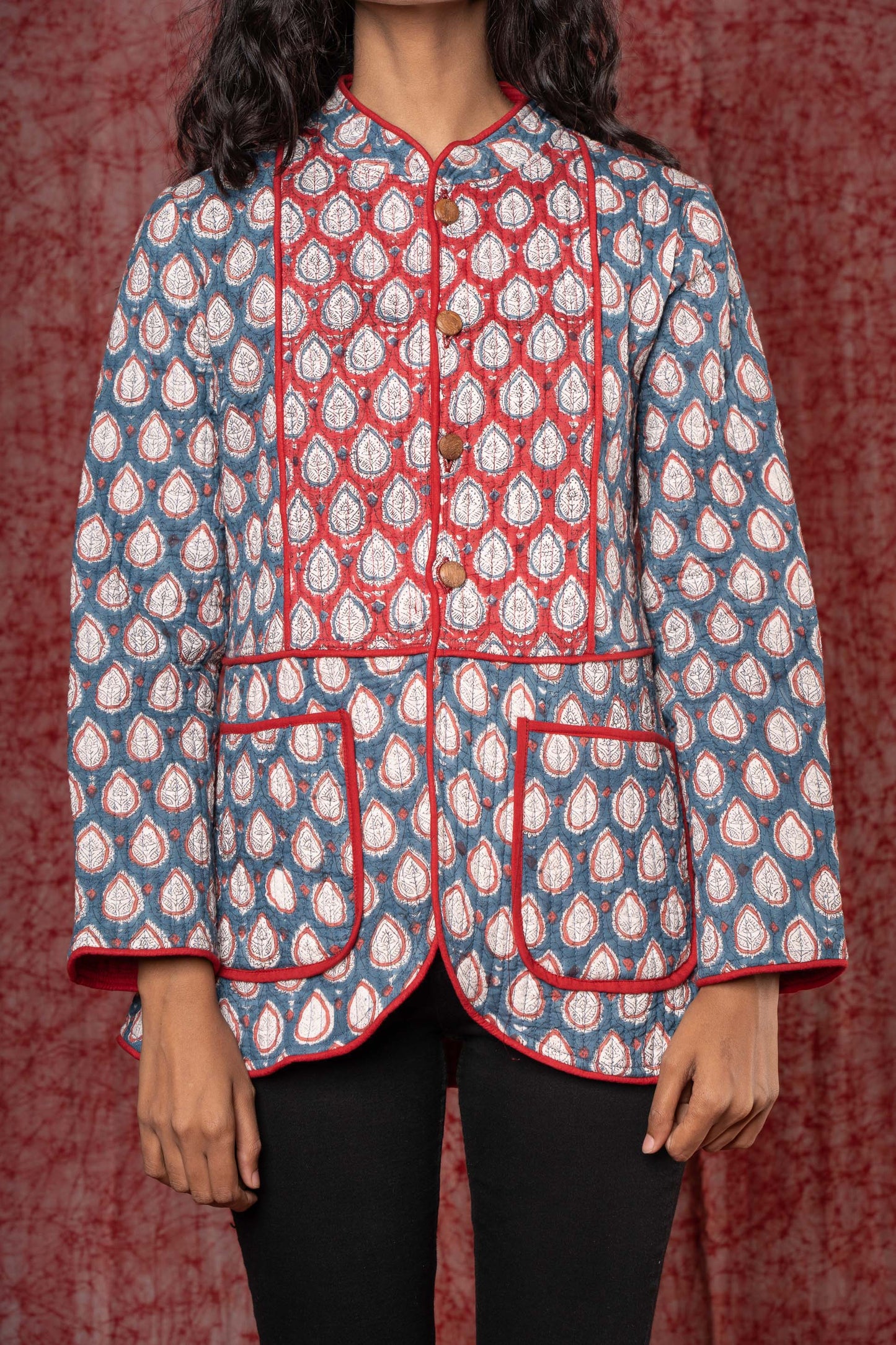 Blue Red Patch Block Printed Quilted Jacket- NVQJ361