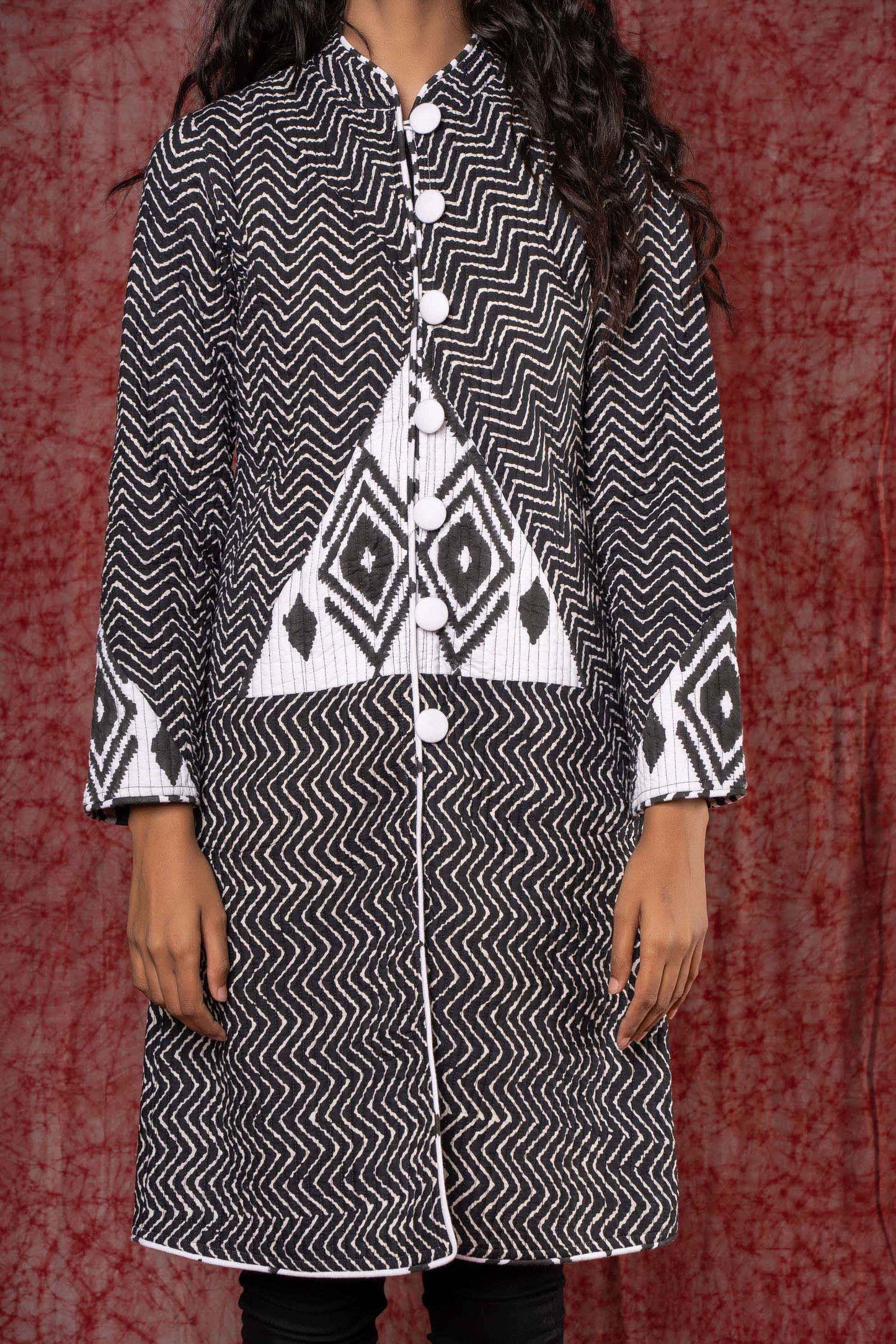 Black White Block Printed Applique Reversible Quilted Coat-NVQJ416