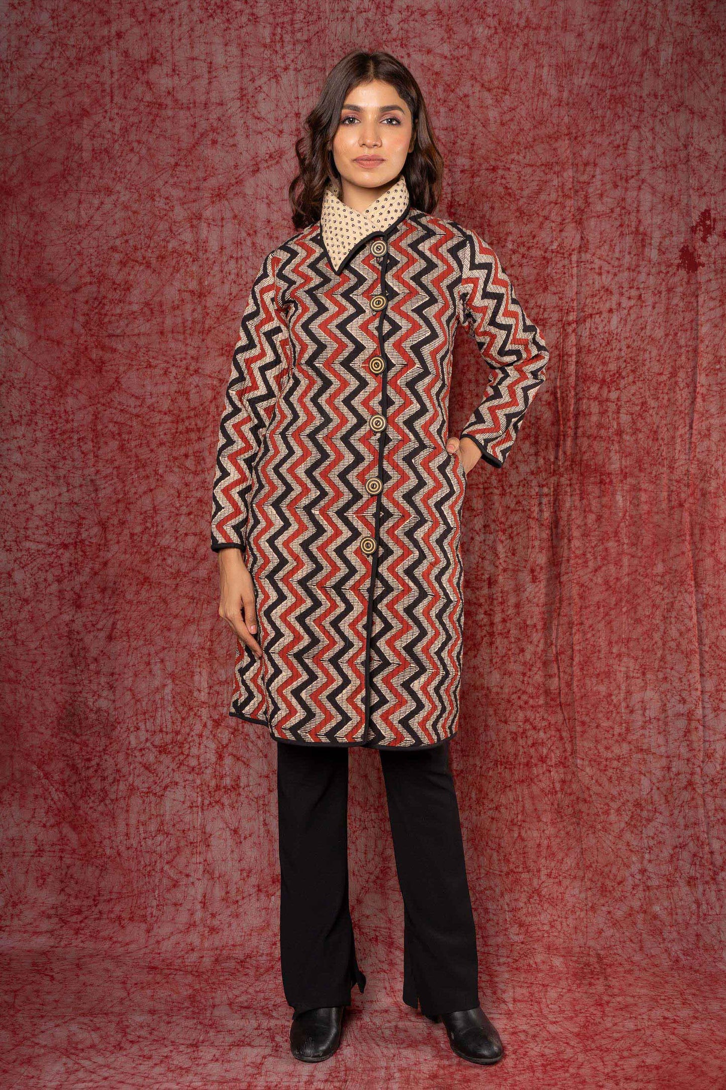 Bagru Red Block Printed Bukhara Coat-NVQJ388