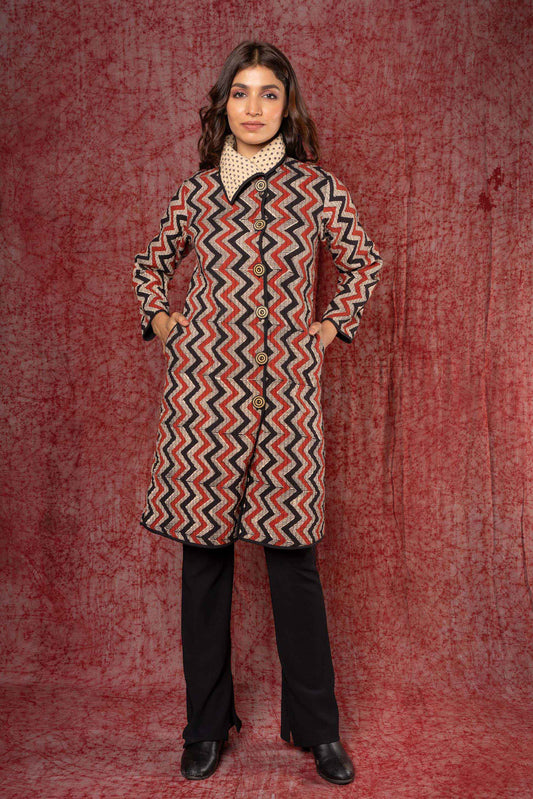 Bagru Red Block Printed Bukhara Coat-NVQJ388