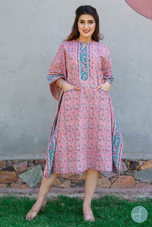 PINK AND BLUE FLORAL BLOCK PRINT KAFTAN DRESS-NVK204