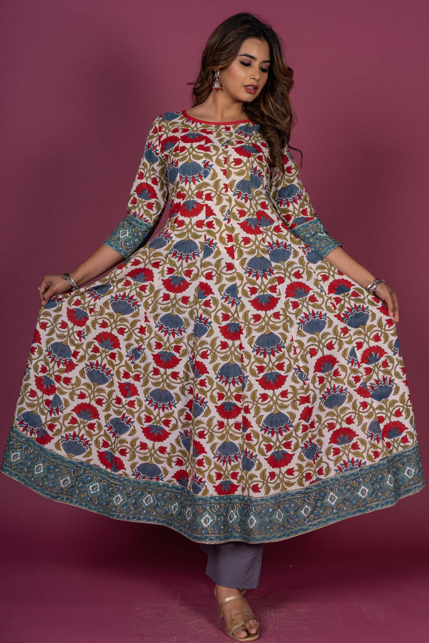 Floral Block Printed Anarkali Kurta Set -KS393