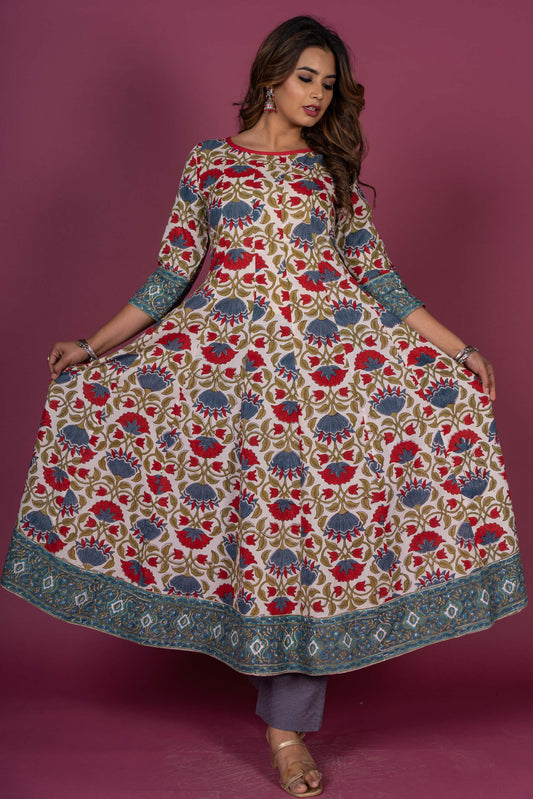 Floral Block Printed Anarkali Kurta Set -KS393