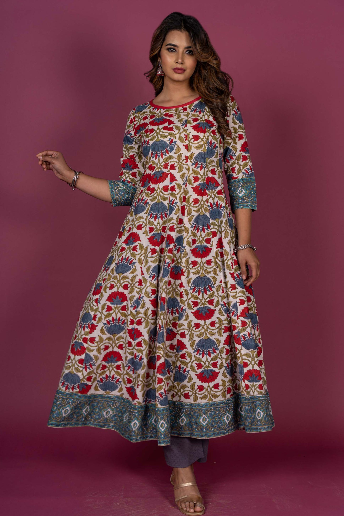 Floral Block Printed Anarkali Kurta Set -KS393