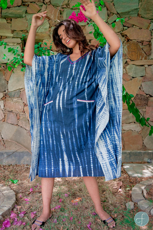 BLUE SHIBORI BLOCK PRINT KAFTAN DRESS-NVK214