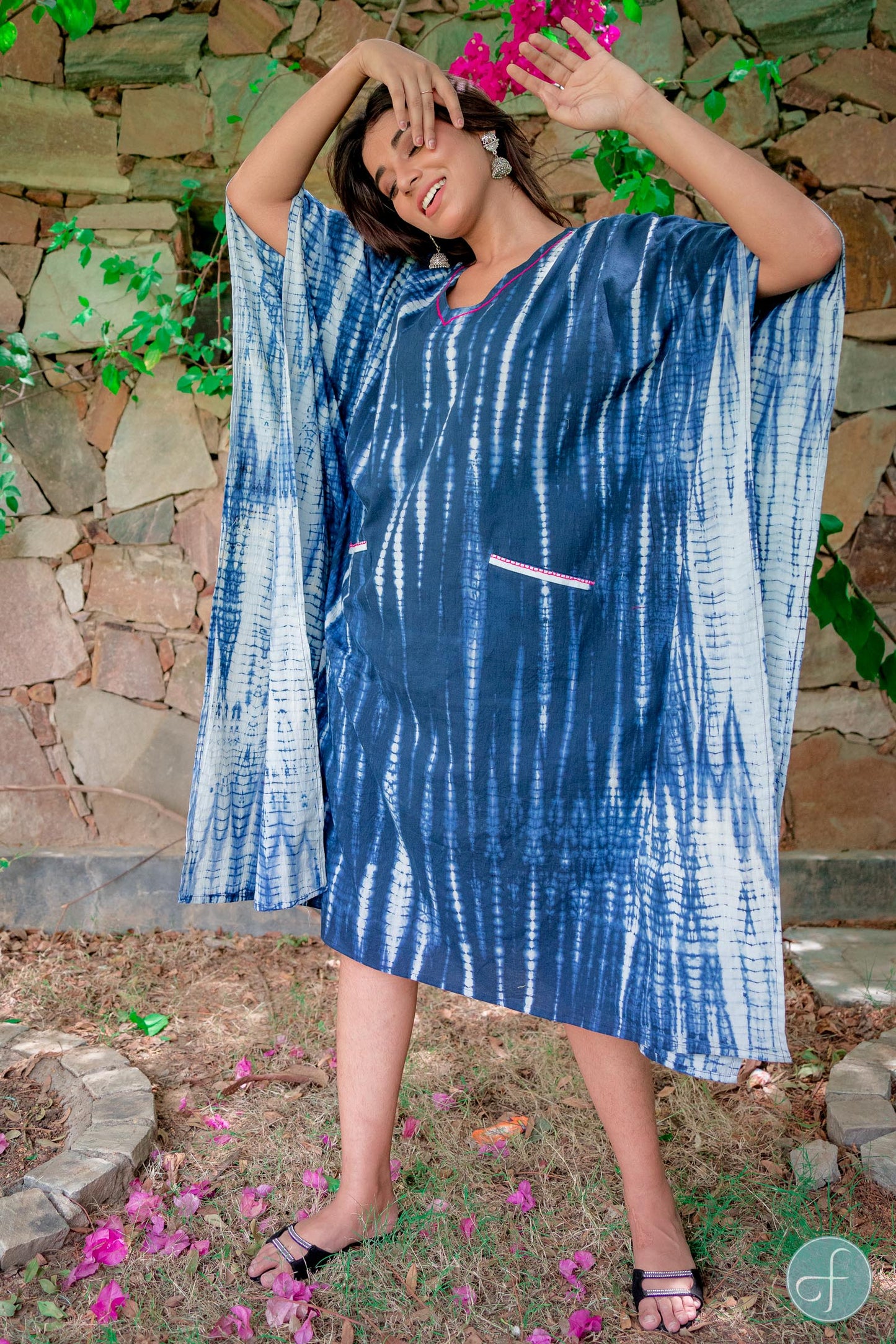 BLUE SHIBORI BLOCK PRINT KAFTAN DRESS-NVK214